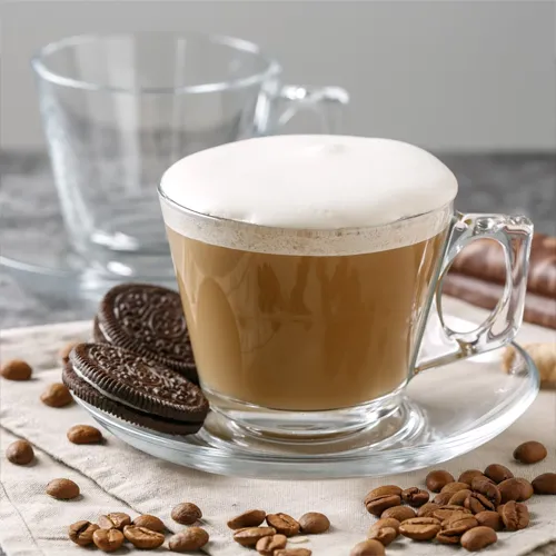 یک فنجان شیر قهوه در کنار بیسکوییت برای عصرانه